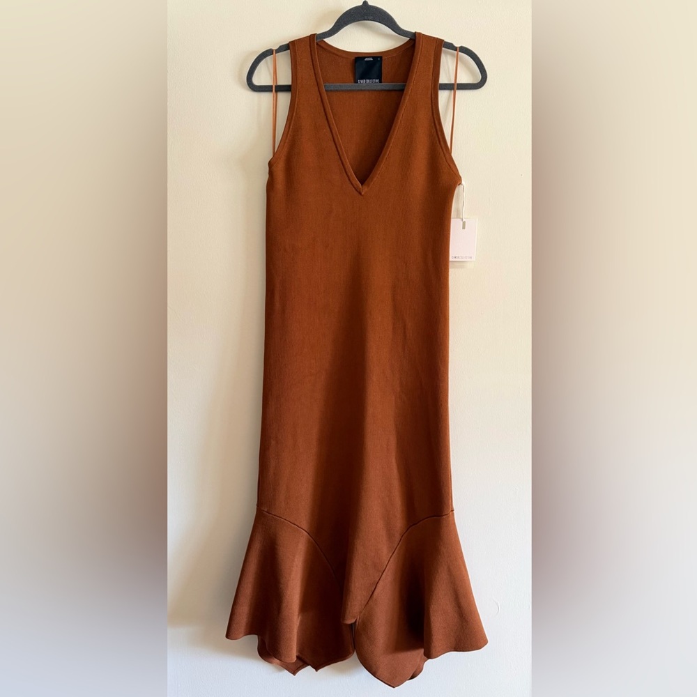✨NWT C/MEO Collective Rust Brown V Neck Maxi Dress Flared Hem Modern Minimalist